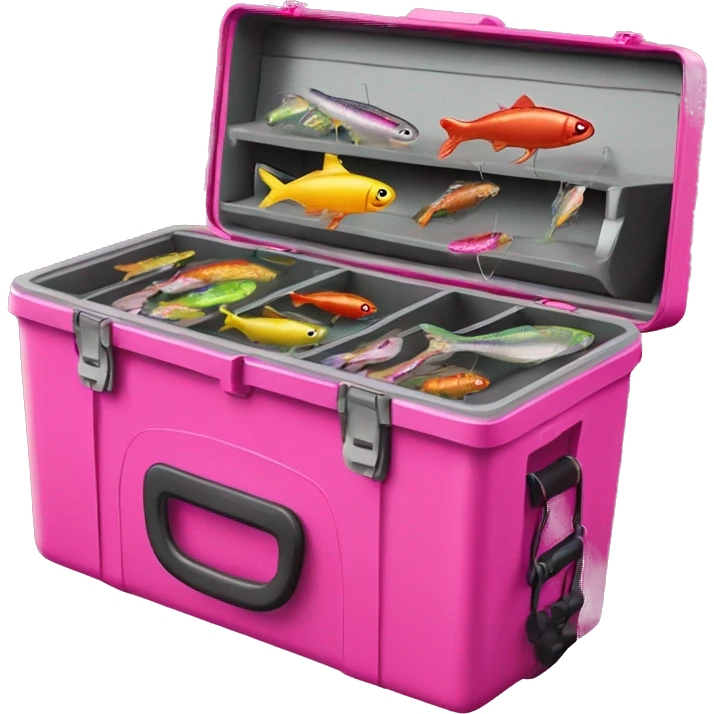 Realistic hot pink Fishing tackle box open with  fish bait and hooks inside of it emoji