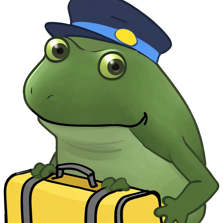 bufo frog meme style, bufo with suitcase and hat, waving goodbye, 'out of office' note emoji