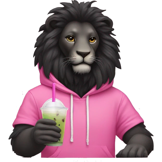 Black Lion drinking boba tea wearing a pink hoodie emoji