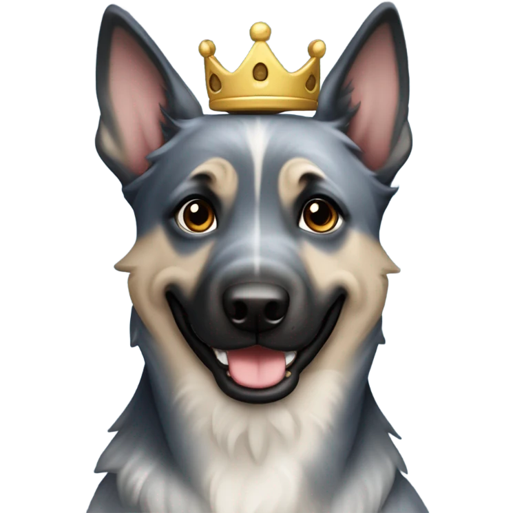 A smiling malinois dark blue merle color, without red and white color with a crown on his head emoji