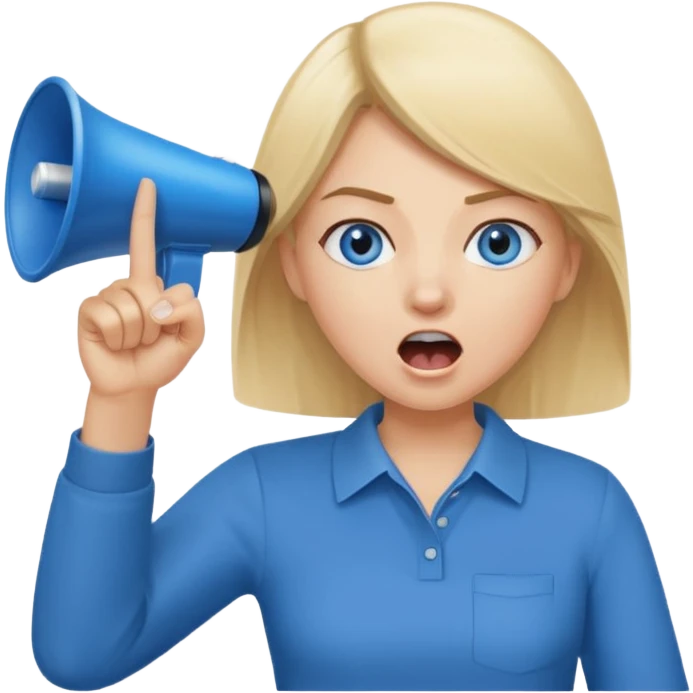 blue eyes blonde girl yelling into megaphone and holding up 1 finger in the other hand emoji