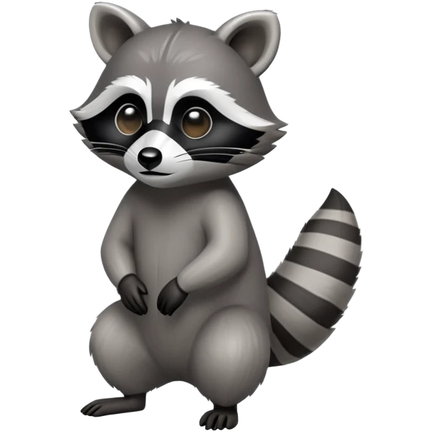Cinematic-Raccoon-Realistic-hunched Full-Body-Standing on all fours-Emoji – Tail flicking lazily, head tilted dramatically, thick grey fur with a signature black mask, sharp and alert ears, simplified yet realistic focused features, highly detailed, glowing with an almost sarcastic glow. emoji