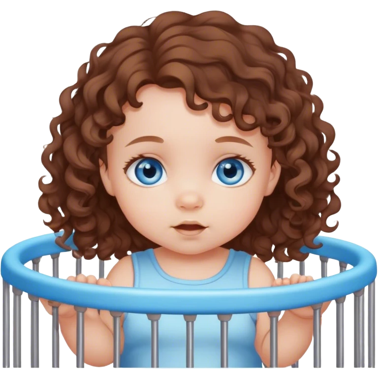 Blue-eyed baby girl with soft loose brown curls in playpen  emoji