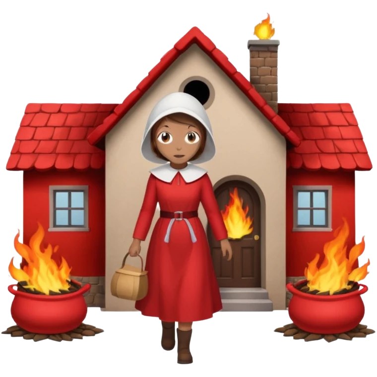handmaids tale style woman burning house down walking away from house. shes wearing the nun hands maid tale hat cant see her face with brown hair shes wearing the red handmaids tale costume with white bonnet. walking away from the house emoji