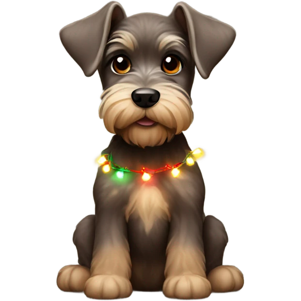 Brown miniature schnauzer puppy tangled in Christmas lights emoji