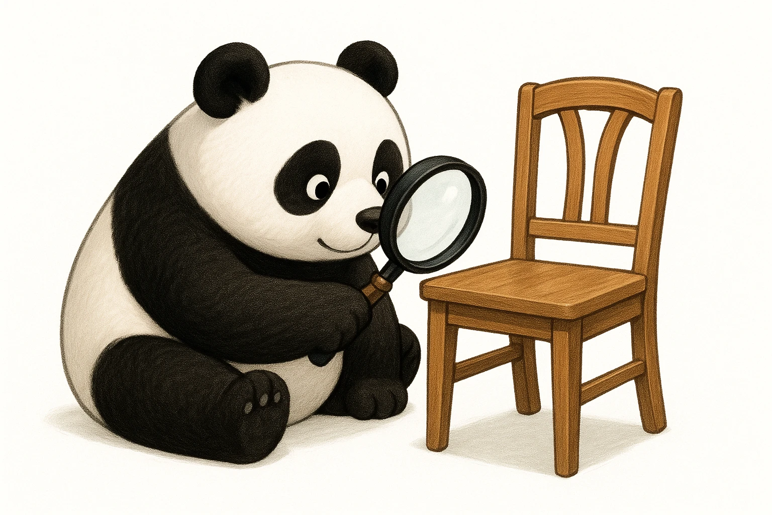 big panda inspecting dining chair for durability with magnifying glass, cute and whimsical, clean background emoji