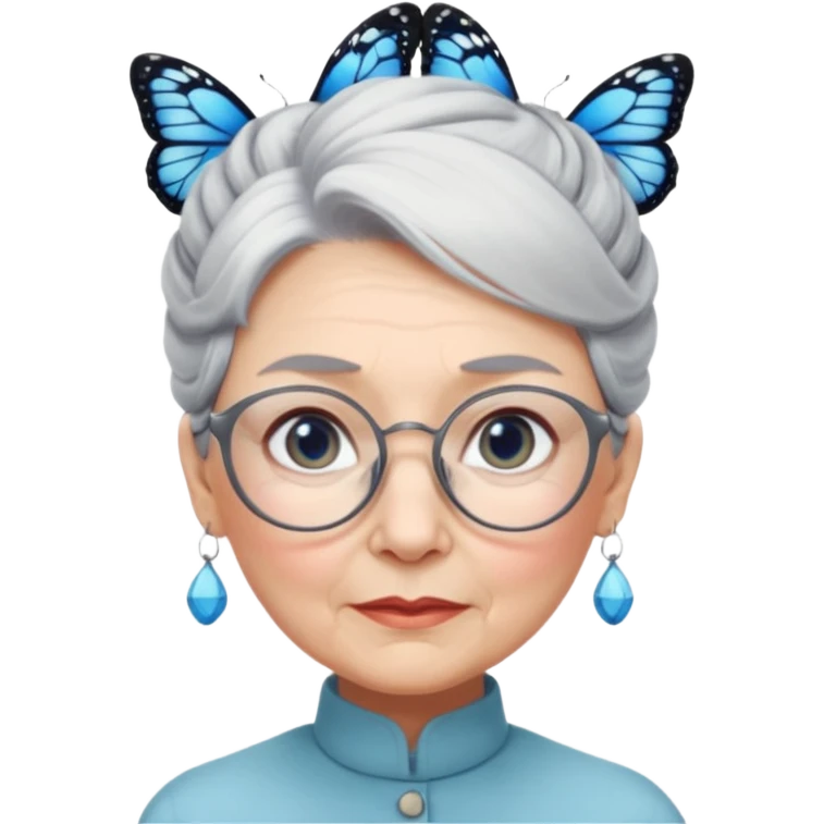 A beautiful grandmother with a delicate face and white/grey hair styled in high buns. She has steely blue/grey eyes and an intense gaze, and wears pretty glasses with butterfly frames. No background emoji
