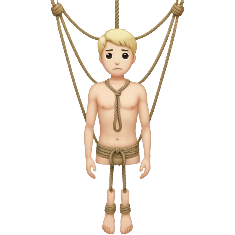 A man with a rope tied by his neck hanging, dead eyes, full body hanging, no other ropes  emoji
