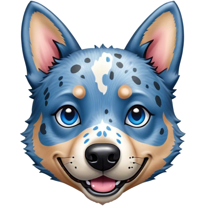 Cinematic Comical Blue Speckle Australian Cattle Dog Portrait Emoji, Head tilted dramatically with an exaggeratedly amused expression, featuring a striking blue speckle Fur with bold patterns, wide, expressive blue eyes filled with playful disbelief, Simplified yet hilariously expressive features, highly detailed, glowing with a slightly sassy glow, high shine, dramatic yet playful, stylized with an air of cheeky charm, bright and endearing, soft glowing outline, capturing the essence of a spirited and over-the-top herder, so meme-worthy it feels like it could side-eye its way into internet fame instantly! emoji
