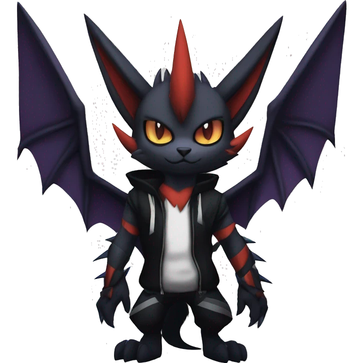 Cool Anthro Black Noivern-Absol-Litten-Pokémon with edgy stripes hoodie spiked collar punk Full Body emoji