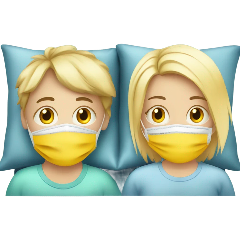 Two blonde children, each in their own bed at home, sick, sad, each wearing a surgical mask, one is a Boy, one is a girl, get well soon sign with yellow heart emoji