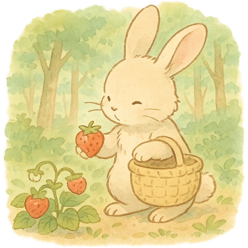 bunny picking strawberries in the woods, sweet pastel red, soft ghibli style emoji