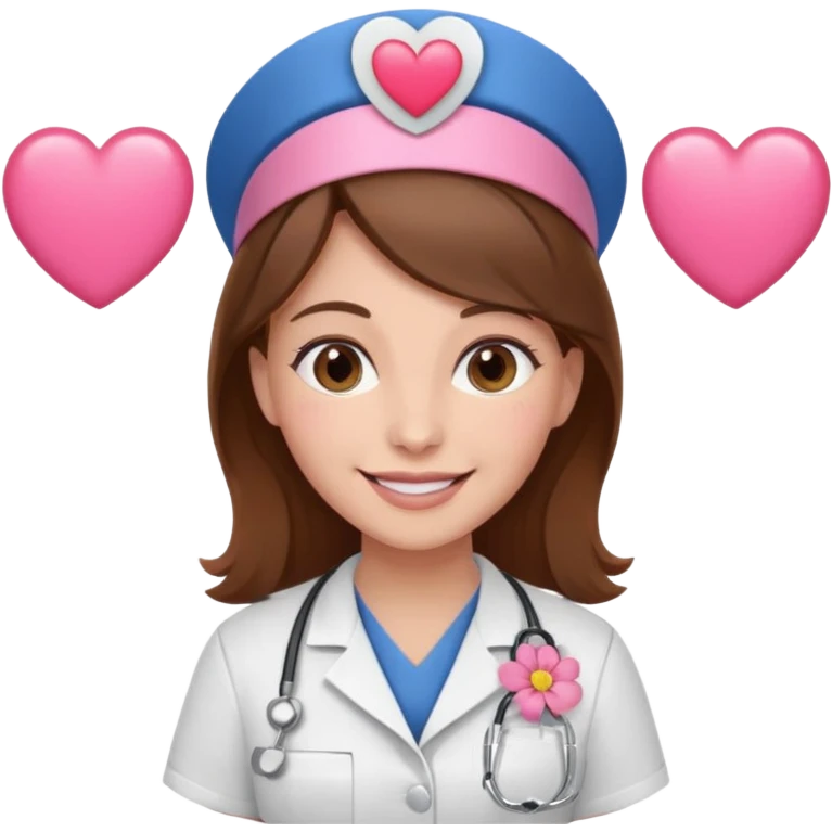 Brown hair Nurse with pink heart and flowers surround her head emoji