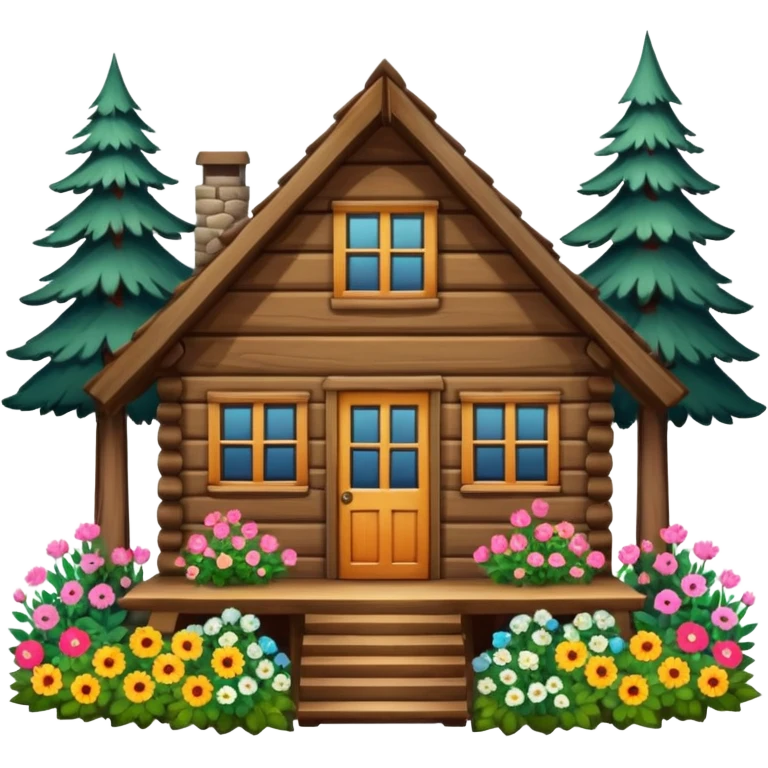 cabin in the woods, surrounded by pines, with flowers around emoji