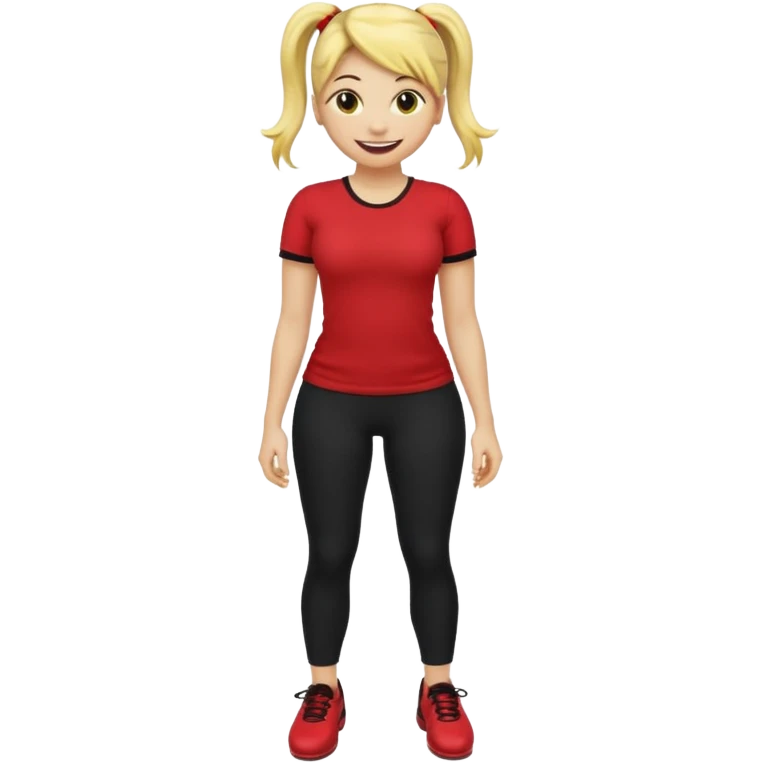 
A smiley yellow emoji (like 😊) with a ponytail, red shirt, big breasts, black pants, ass and red shoes. Also Make it more like emojis like 😀😃😇☺️😜🥰😎 emoji