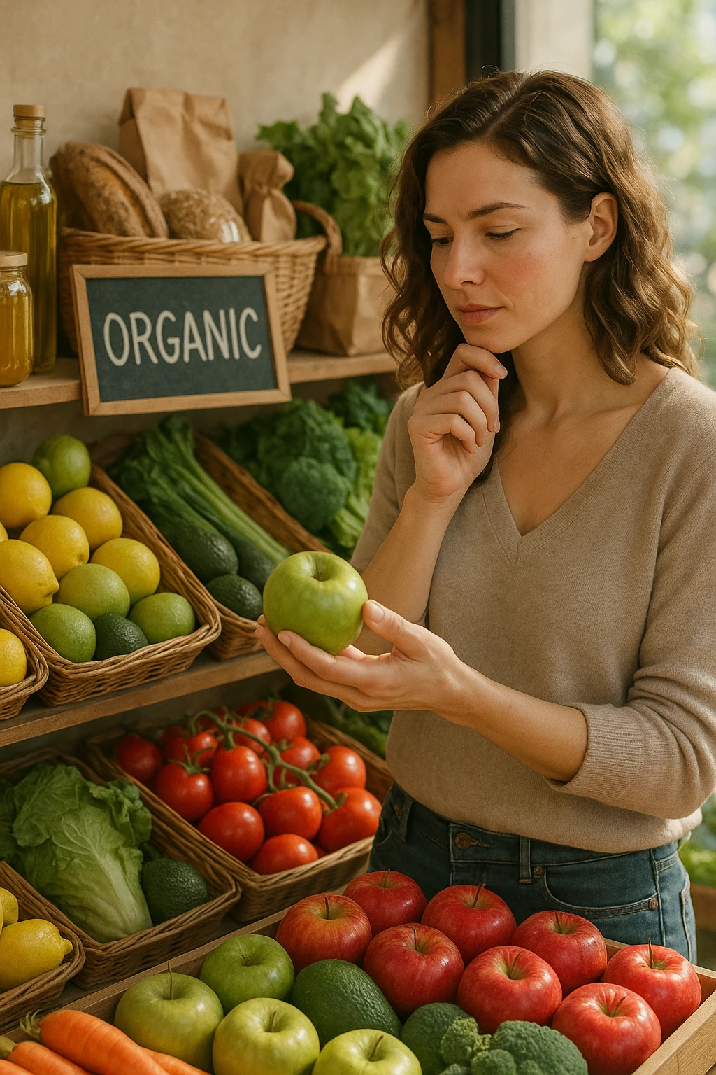 Donna che sta scegliendo quali alimenti di qualità mangiare emoji