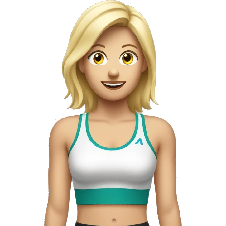 blonde woman in sport top raising her hand hello emoji
