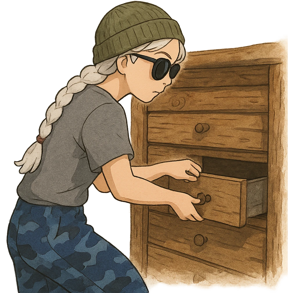 1 female, long white braid, knit cap, dark sunglasses, GRAY T-SHIRT, blue camo pants, LOOTING A CABIN, OPENING A DRAWER emoji