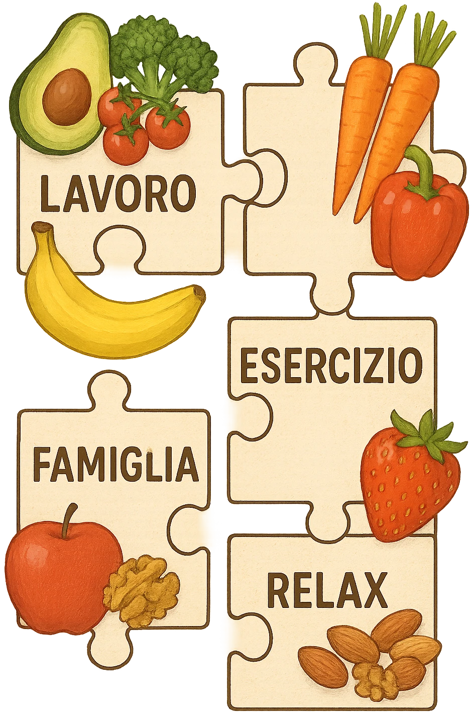 Puzzle (Lavoro, Esercizio, Famiglia, Relax), and healthy foods are integrated into each piece. in italiano emoji