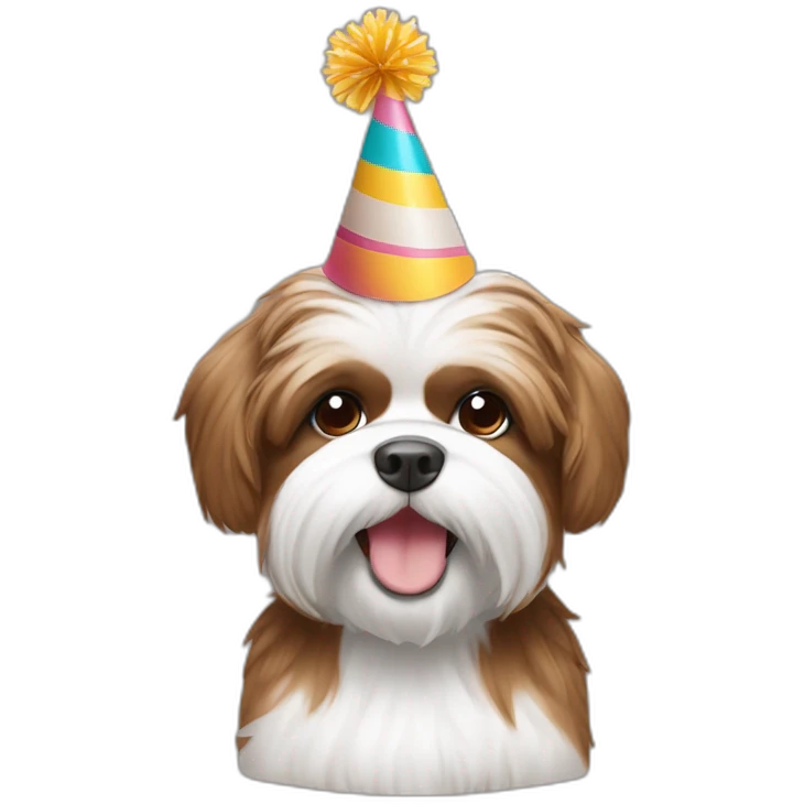 Brown and white shitzu smiling and wearing a birthday hat  emoji