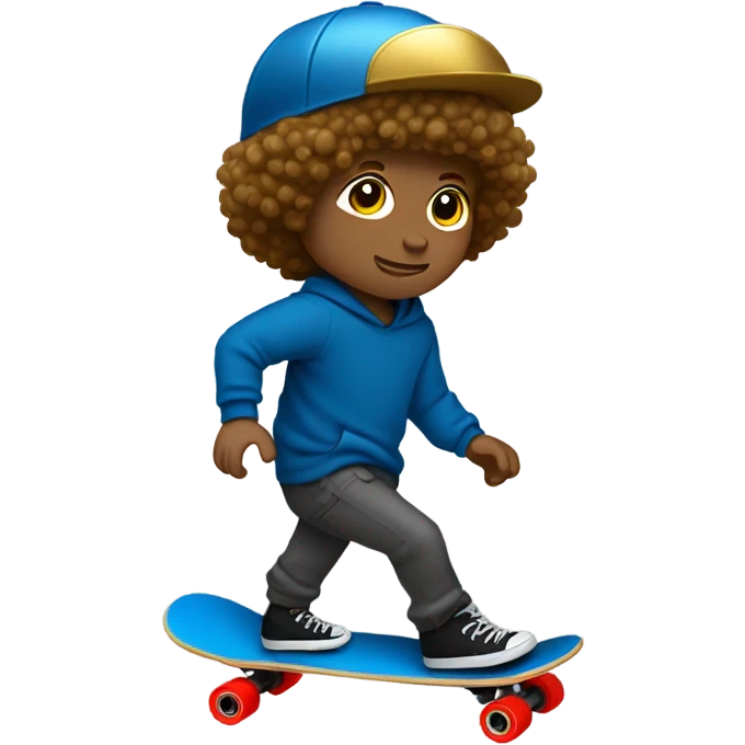 Guy skateboarding short curly hair with gold sparkly helmet and red wheels black cargo pants and blue sweatshirt emoji