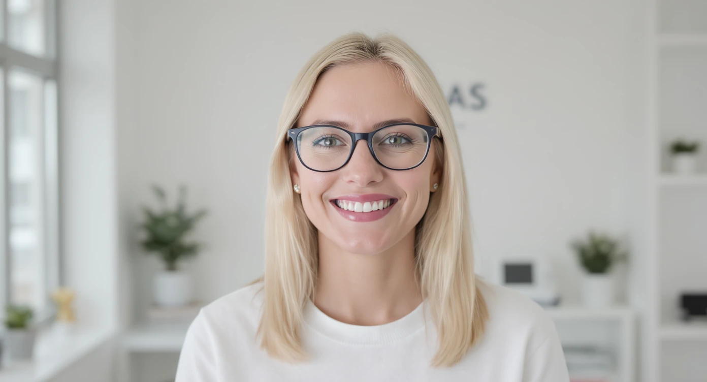 Cinematic still of a smiling european white woman with glasses smiling, minimalistic ophthalmologist interior in background, leading  lines, "rule of thirds" emoji