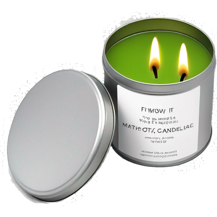 realistic, lit matcha scented candle, silver tin, small white label, text emoji