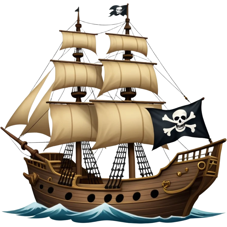 An icon representing an adventure game, inspired by high-seas exploration. The design features a fearless pirate gripping the wheel of a grand sailing ship, its tattered Jolly Roger flag billowing as it cuts through stormy waters. The scene evokes danger, treasure, and the thrill of the open sea. Transparent background. emoji