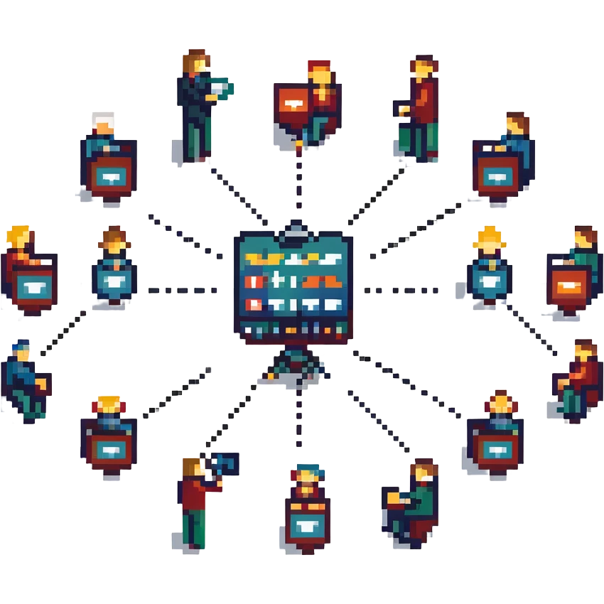 pixel art style illustration of a professional filmmaking network showing multiple cinema professionals (director, cameraman, sound engineer, editor, etc.) connected by lines or connection symbols, collaborative atmosphere, figurative style, large image emoji