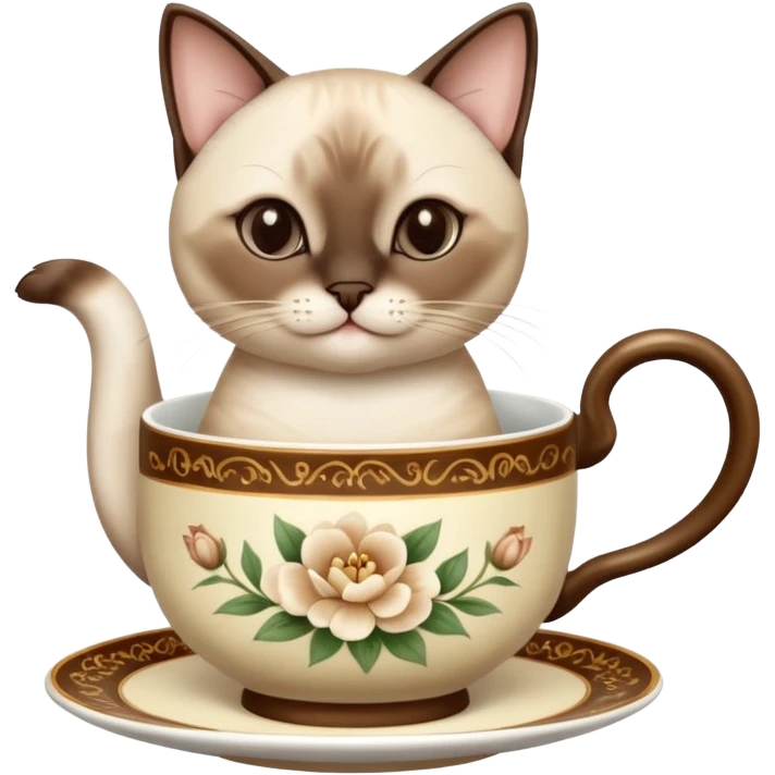 Happy siamese cat enjoying a fancy cup of tea in its front two paws emoji