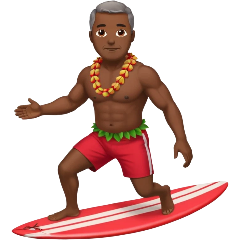 Dark muscular 50 year old man with red shorts and shell lei surfing emoji