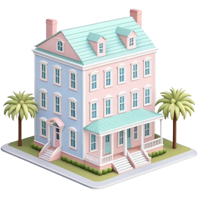 charleston pastel row home dollhouse, 3d isometric, realistic emoji