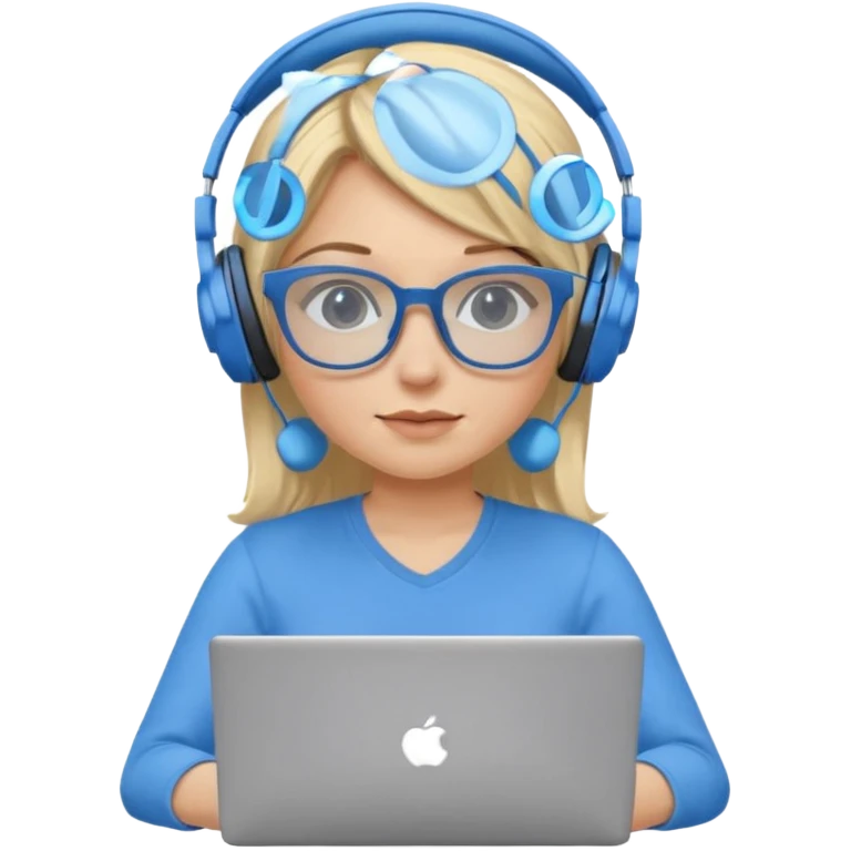 create a blonde hair women with blue glasses and blue headphones working on a laptop wearing a blue top. emoji