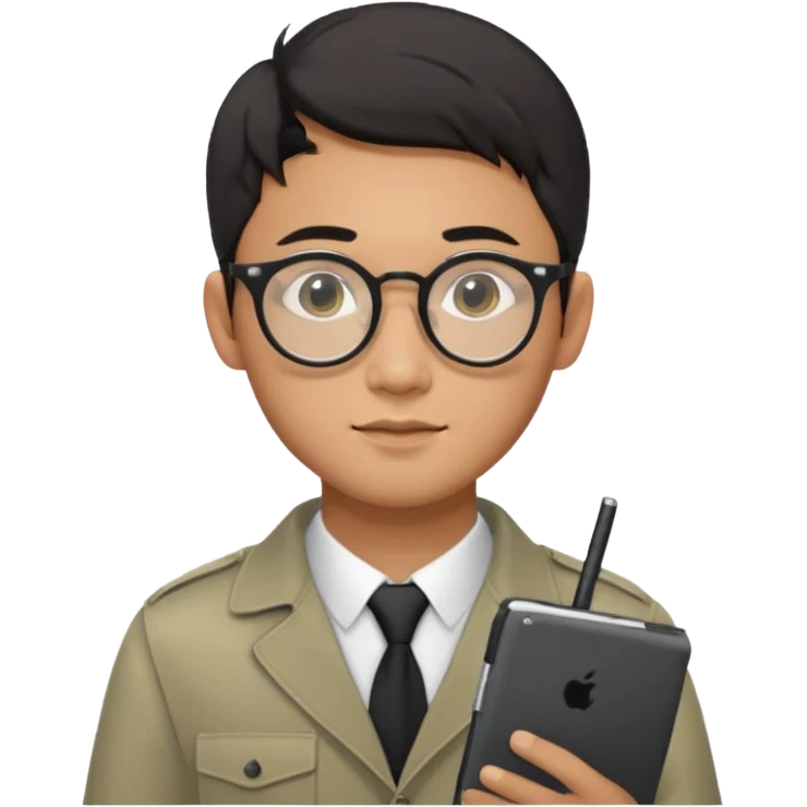 a asia man guy his 20s wearing an apple notebook, wearing bodyguard radio operator, round glasses, achromatic clothes emoji