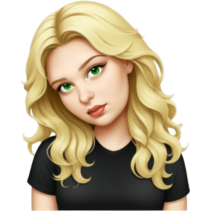 female, long wavy blonde hair, wearing black tshirt emoji