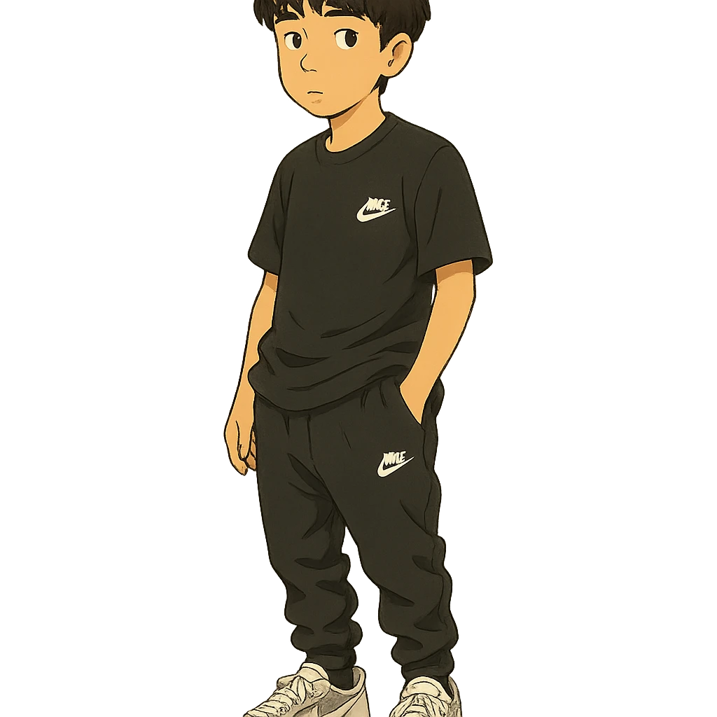 chico moreno cartoon with eyebrow-length bangs, wearing a black Nike t-shirt, black Nike pants lowered, white Dior sneakers, urban flow emoji