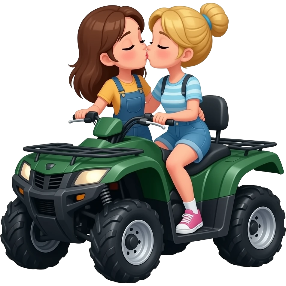 In the rain a Dark green  atv with 2 girls kissing one with brown hair and one with blonde hair in a high bun emoji