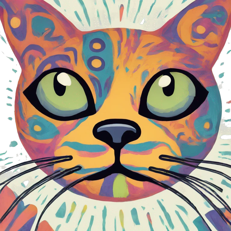 Abstract quirky funky cat made of different shapes and squiggles linocut multicoloured illustrations  emoji