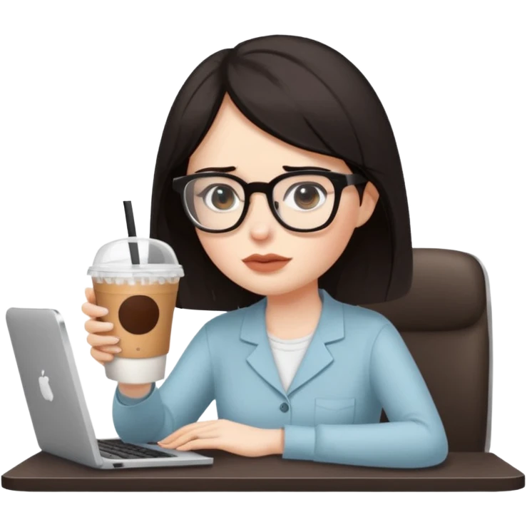 컴퓨터 작업 중 + 아이스 아메리카노(테이크아웃 잔)링거 + 다크서클 + 검은머리 여성 emoji