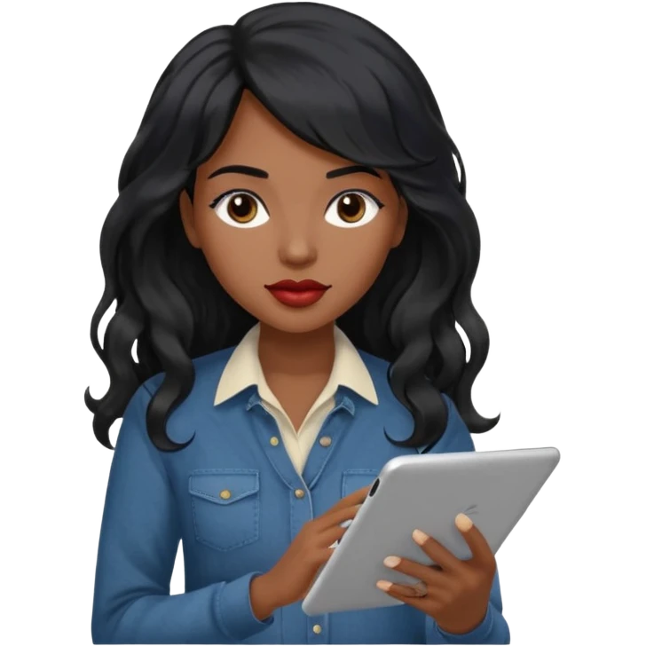 A young woman with long black hair, a wavy frange falling on half of her head.  She's black, medium to dark skinned with thick lips. She's holding something that let's us know she's the CEO of a creative agency, but she's wearing casual clothes. she has long eyelashes. emoji