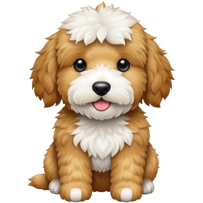 A miniature golden doodle with a white tummy patch and a white chin patch. emoji