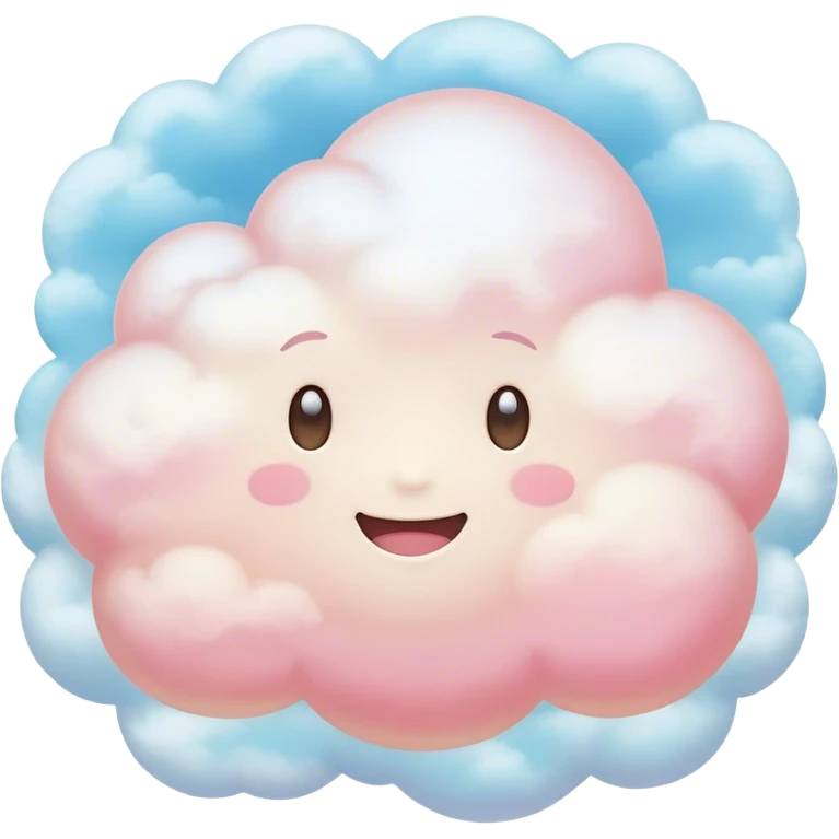 Cinematic round pastel cloud, soft puffy texture, gentle glowing edges, tiny happy face with blushing cheeks, floating in a dreamy sky, warm and magical. emoji