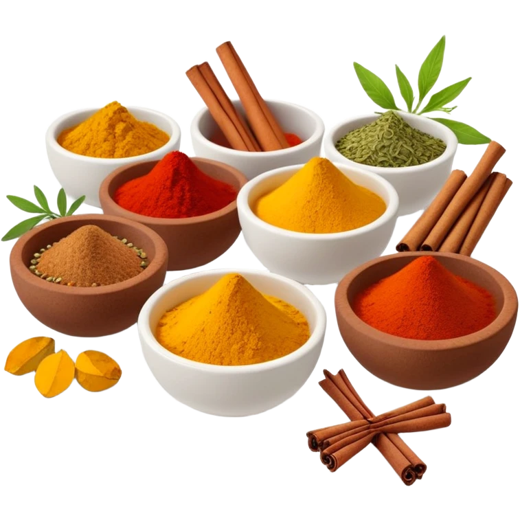 Assorted colorful spices in small bowls, including red paprika, yellow turmeric, green herbs, and brown cinnamon sticks emoji