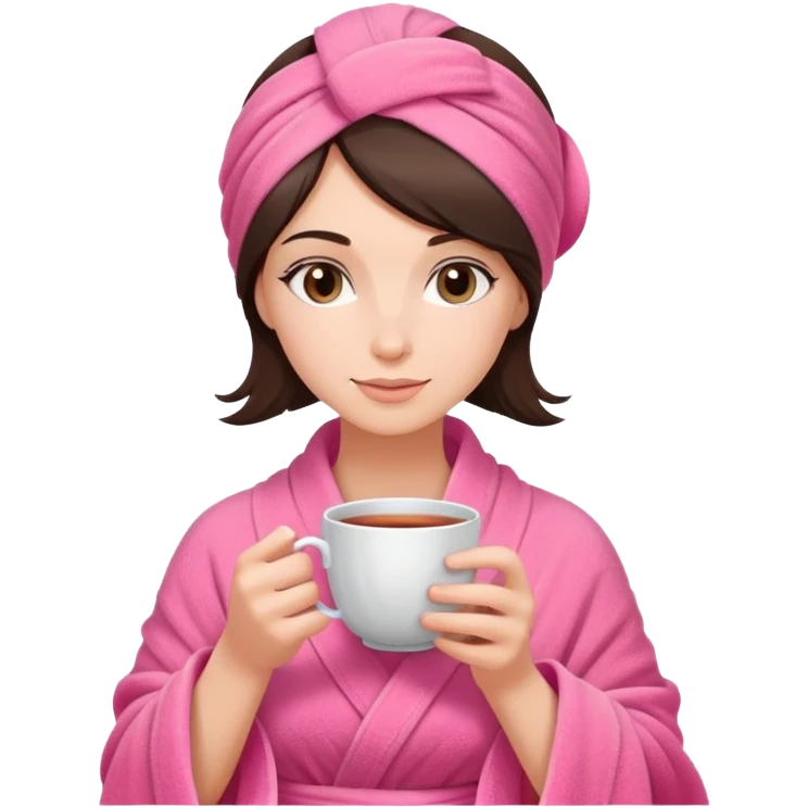 brunette girl hair wrapped in pink towel holding tea with hands emoji