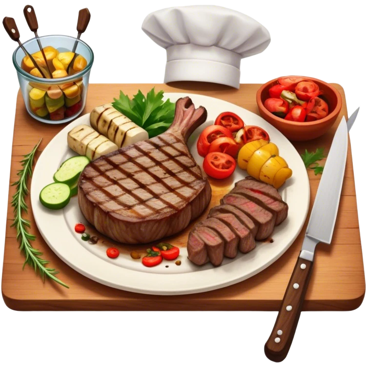 icon featuring a chef’s hat, a cutting board with fresh ingredients, a knife, a beautifully cooked ribeye steak, shashlik skewers, and a plate of food in the making. The design captures the passion of cooking with warm, inviting colors, and realistic textures. Transparent background. emoji