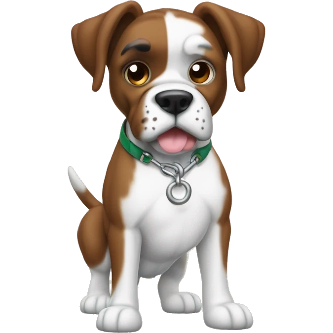 Perro boxer bayo, con la cara de color bayo y pecho con una figura de ancla de color blaco donde el blanco sigue en su estomago, patas de color bayo emoji