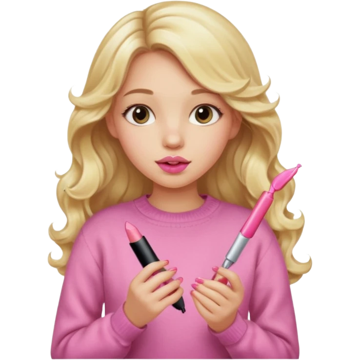 A long curled blonde haired  young girl with a pink sweater and holding a lip gloss emoji