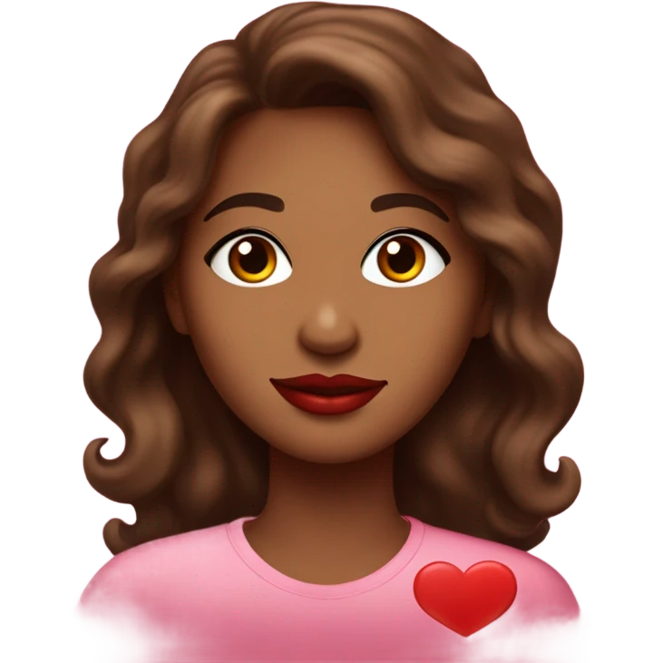 brown lady, medium brown long wavy hair, bright red lips, eyelashes, wearing red “happy Valentine’s Day” t shirt emoji