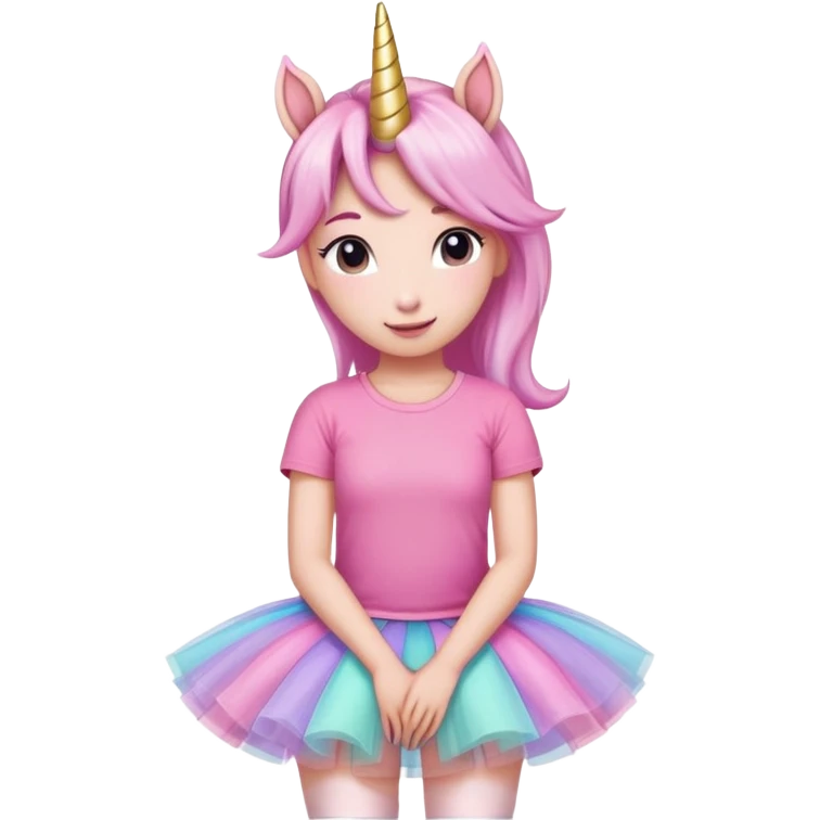 head of an anthropomorphised female unicorn in tutu and pink t-shirt, relaxed pose emoji