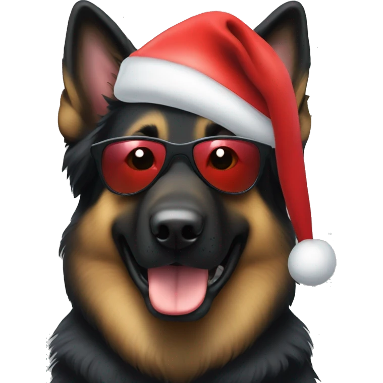 Black long haired German shepherd wearing sunglasses and a Santa Claus hat  emoji